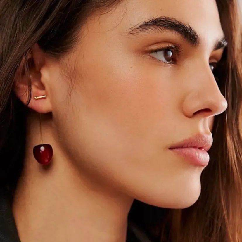 Anthropologie Deep Red Cherry Whimsical Drop Wire Earrings Gold Stem 44.00 New - Image 3