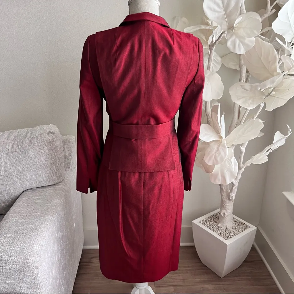 AKRIS Red Silk Skirt Suit With Long Sleeve Silk Red Blazer - Image 4