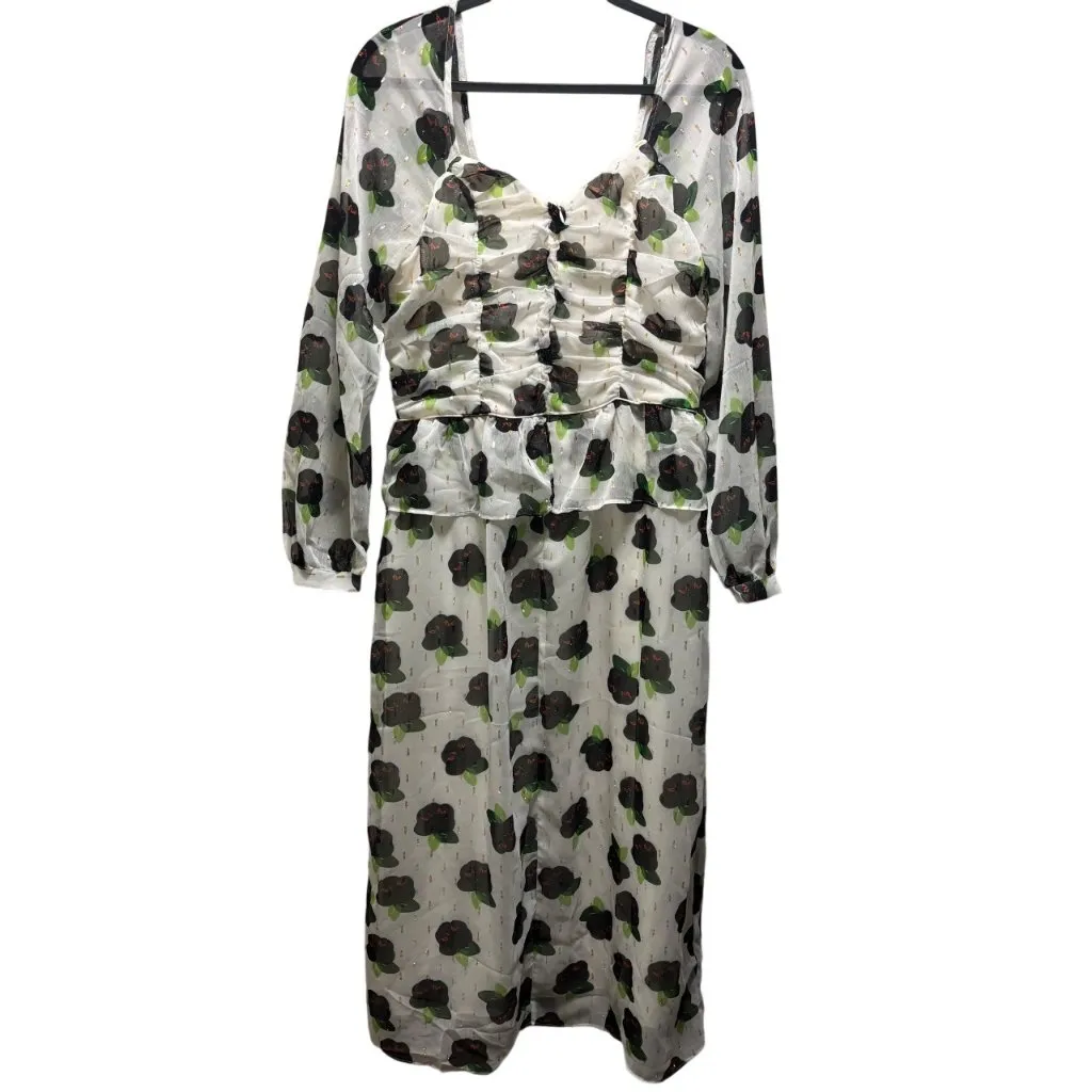 Buru Womens Floral Chiffon Midi Dress Long Sleeves Size L White Size L - Image 2