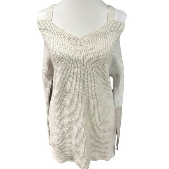 All Saints Dasha V Neck Cold Shoulder Cashmere Wool Blend Sweater Off White XS - Image 2