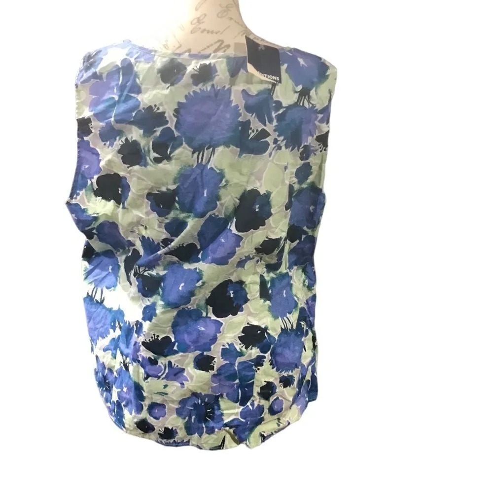 Basic Editions Blue Floral Sleeveless Blouse Size 2X Green - Image 4