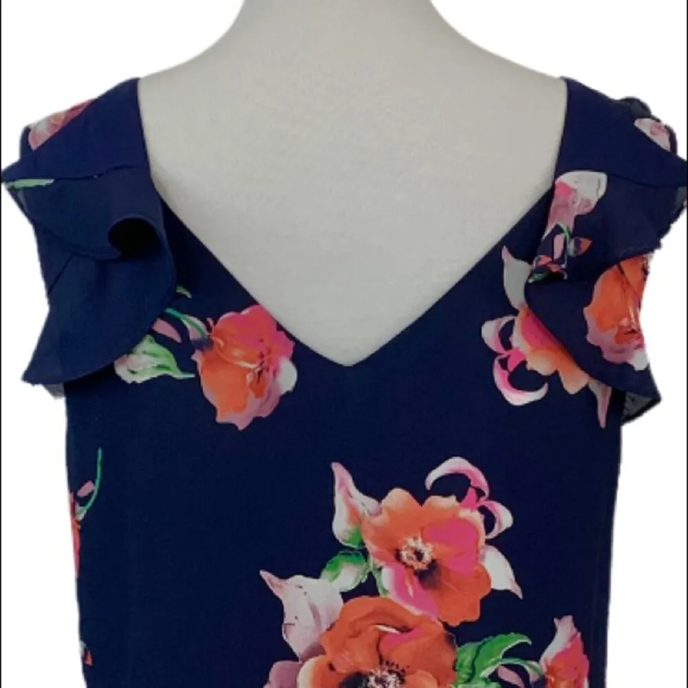 Skies Are Blue Women's Sundress V-neck Blue Pink Ruffle Floral Dress Size Small - Image 8