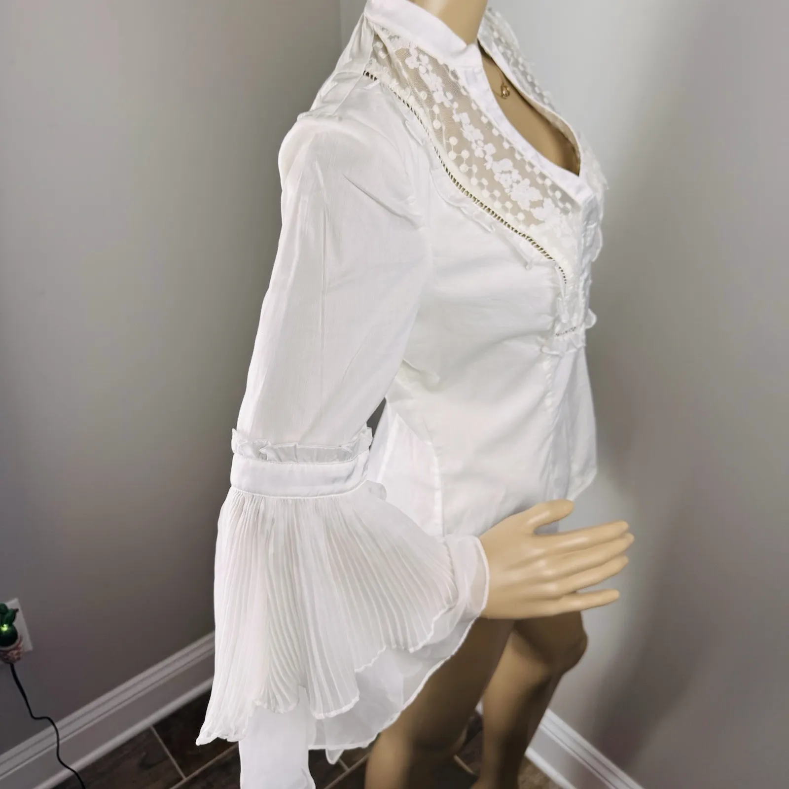 Bebe Women's Sz S Victorian Lace Side Zip Up Top Sz S‎ Coquette Bell Sleeve Y2K - Image 10
