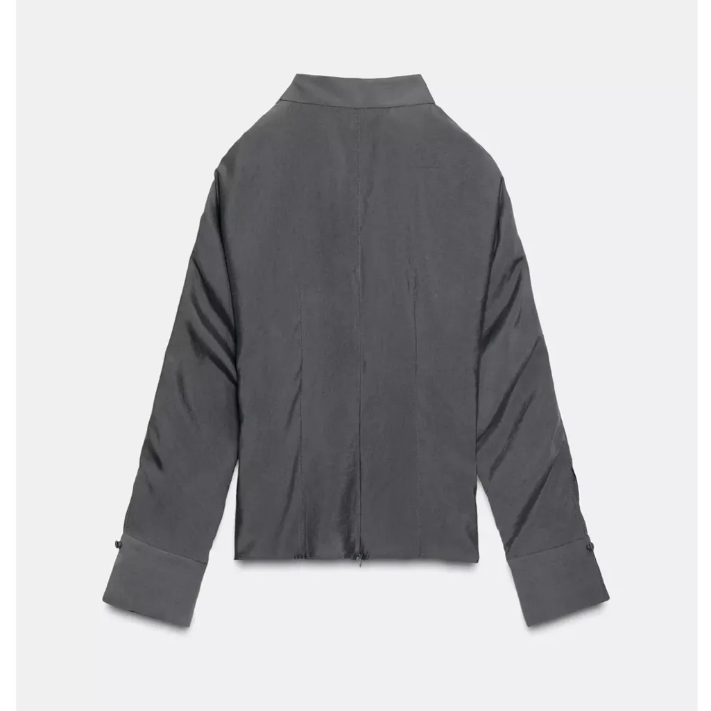 Zara NWT gray cinched waist asymmetrical bow tie cold shouldering sleeve blouse - Image 8