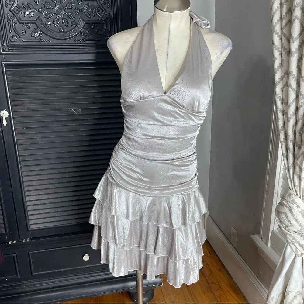 Vintage Y2K S Boho Glam‎ Dress Silver Slinky Drop Waist Fairy Goth Metallic - Image 2