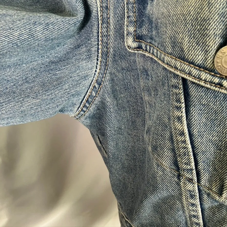 Vintage GUESS USA Denim Jacket Brown Leather Collar Made in USA Womens Small - Image 8