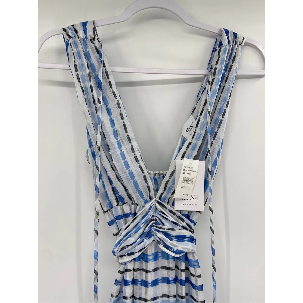 MISA Los Angeles Dominika Blue Sleeveless Plunge Maxi Dress in Scorpios Stripe - Image 4