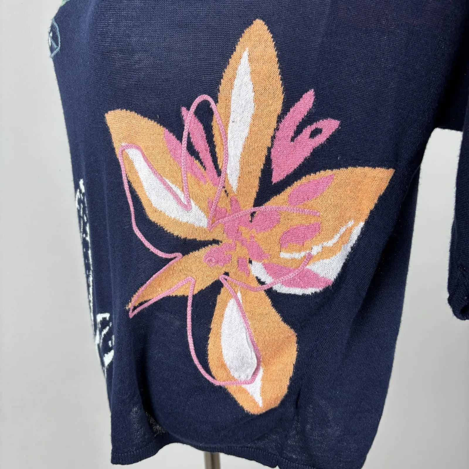 Nic + Zoe Sweater Top Women Large Navy Blue Floral Dolman Linen Blend 3/4 Sleeve - Image 8