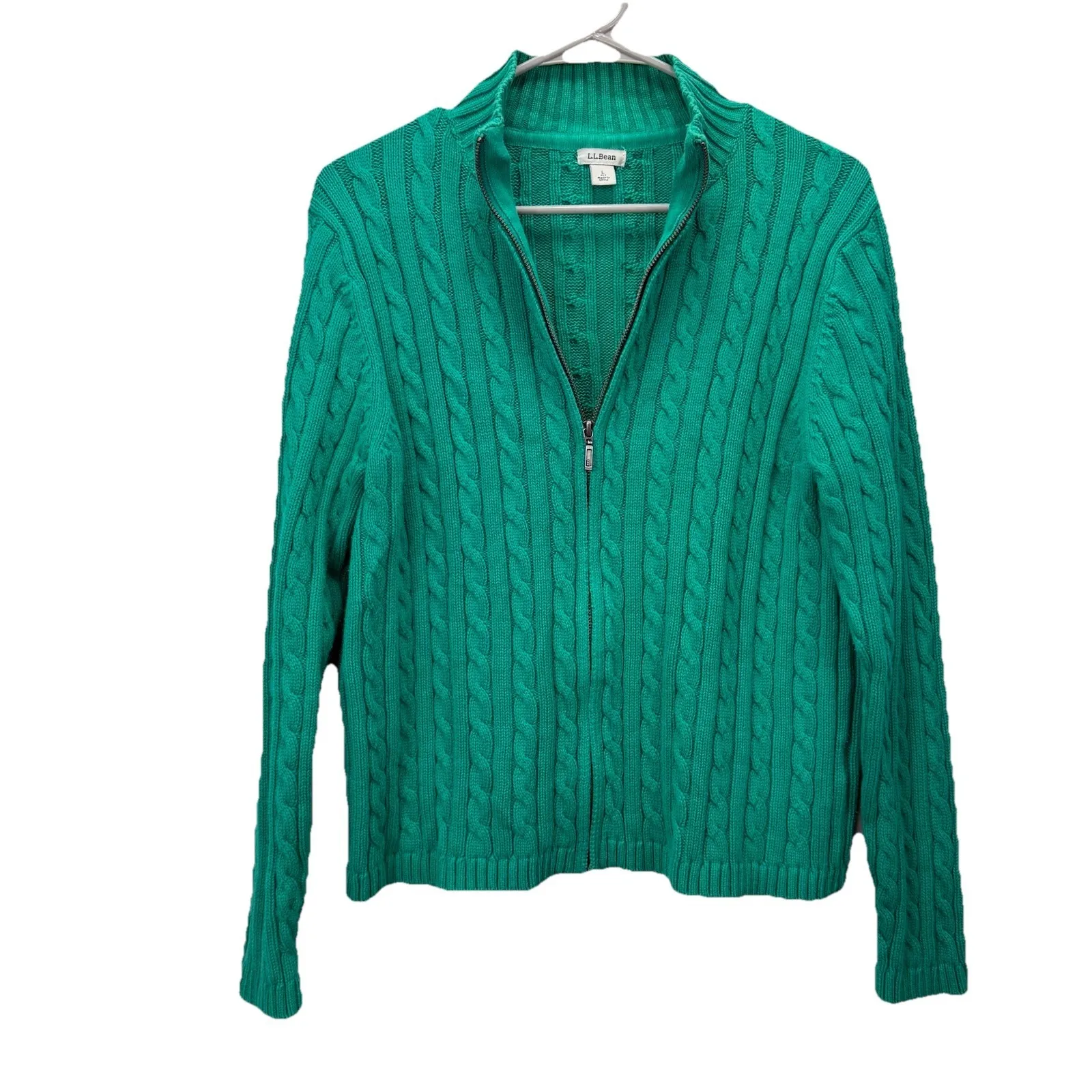 LL Bean Teal Mock Neck Full Zip Cable Cotton Cardigan Sweater Size LARGE PETITE Green - Image 3