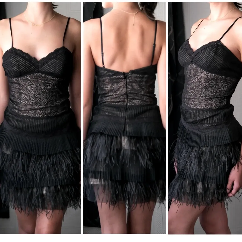 BCBGMaxAzria ostrich feather trim mini dress, lace inlay, nude satin lining,sz 4 - Image 2