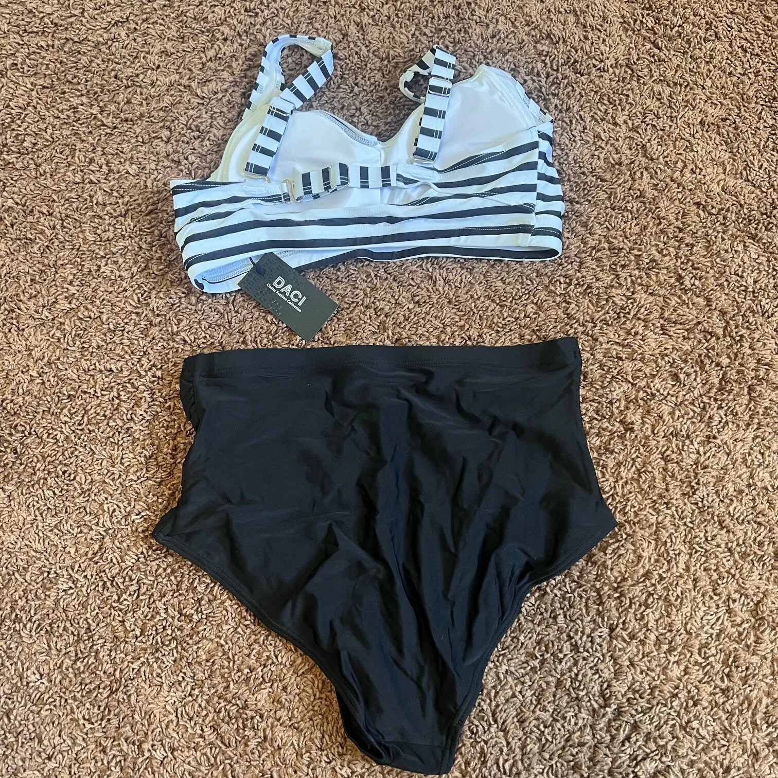 Daci 2 Piece Bikini Swimsuit Tummy Control High Waisted Black White Stripe 12W Size 12 - Image 6