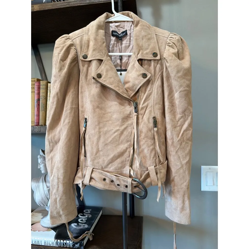 retrofete Tai Suede Moto Jacket Hummus Womens Size Small Tan - Image 6