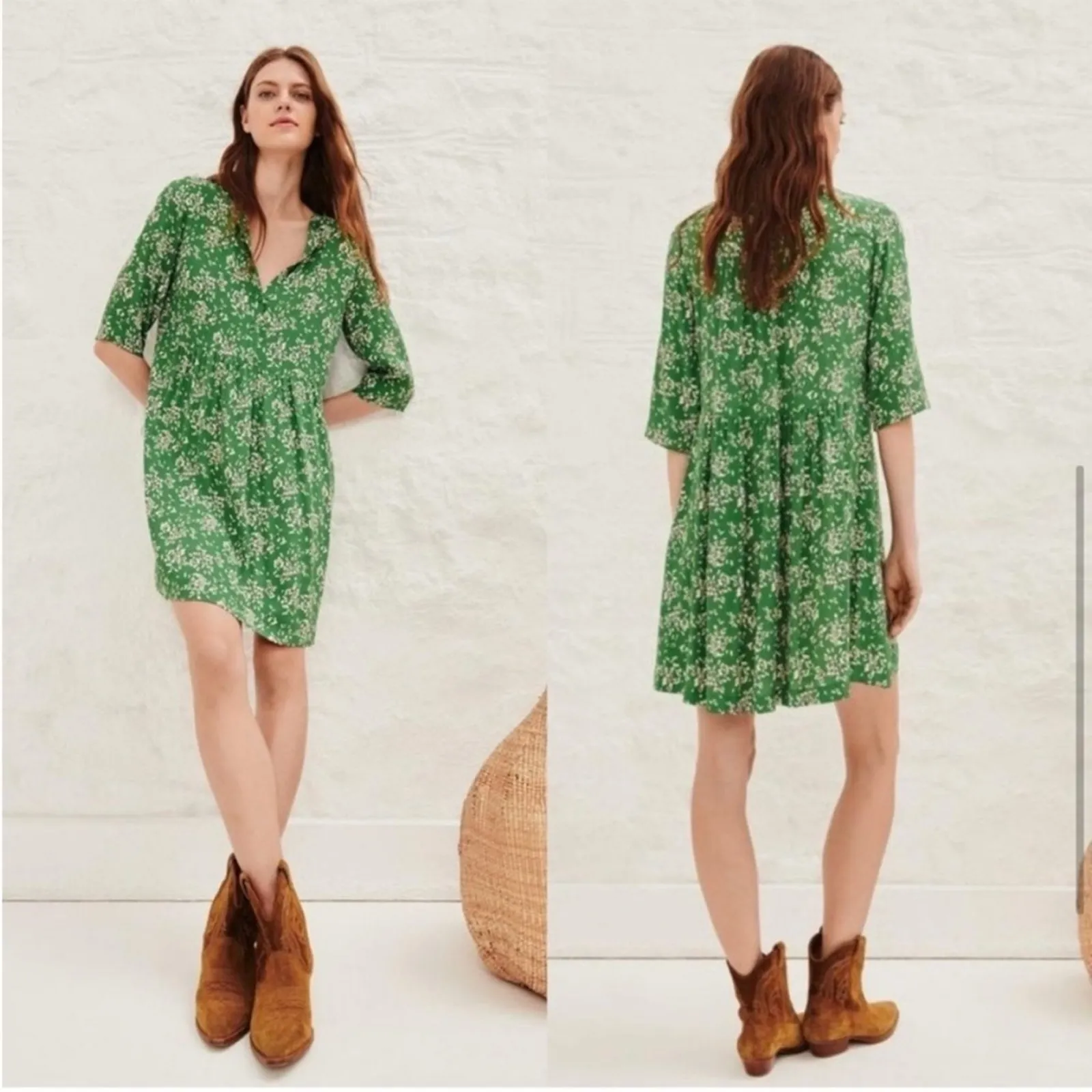 BA&SH Vlada mini dress floral green Sz Small festival boho chic babydoll style - Image 13