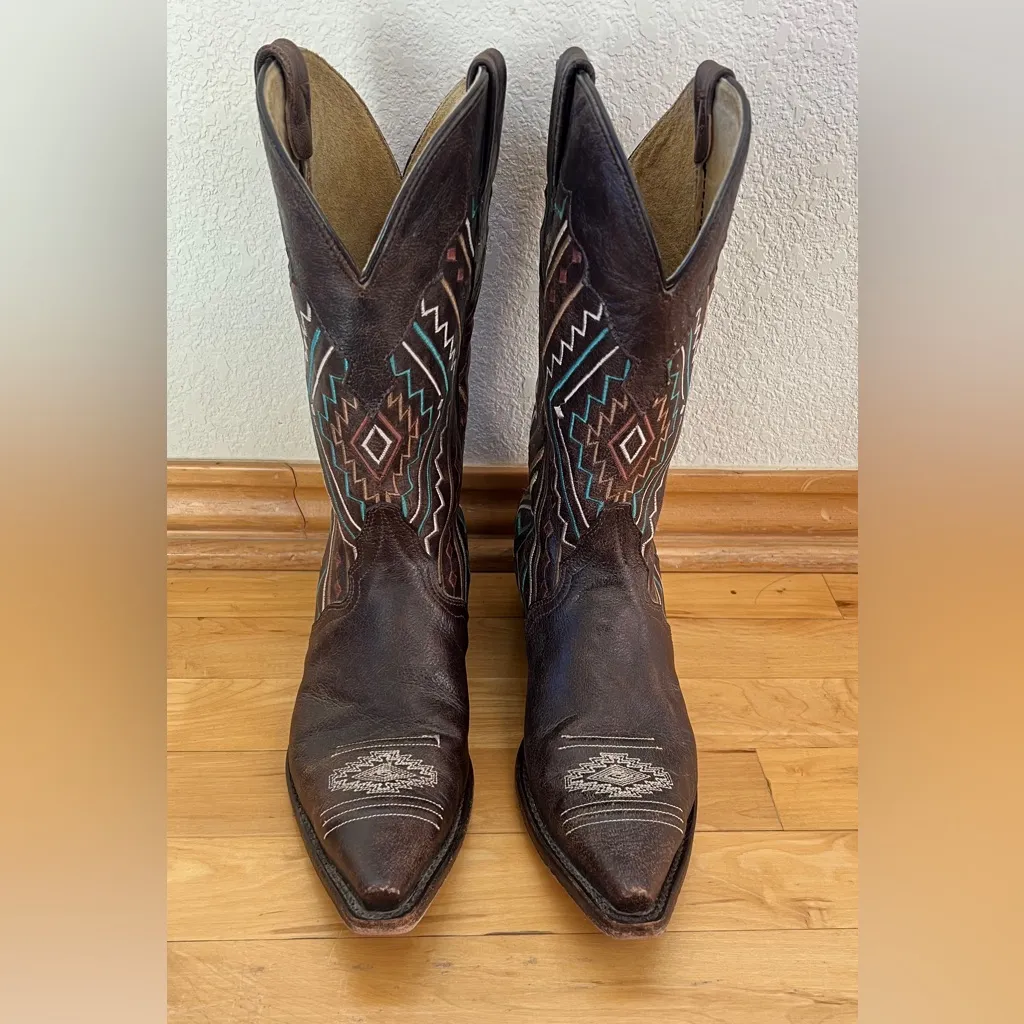 Roper Aztec Embroidered Neon Southwestern Women's Western Boots Leather Size 10 Brown - Image 3