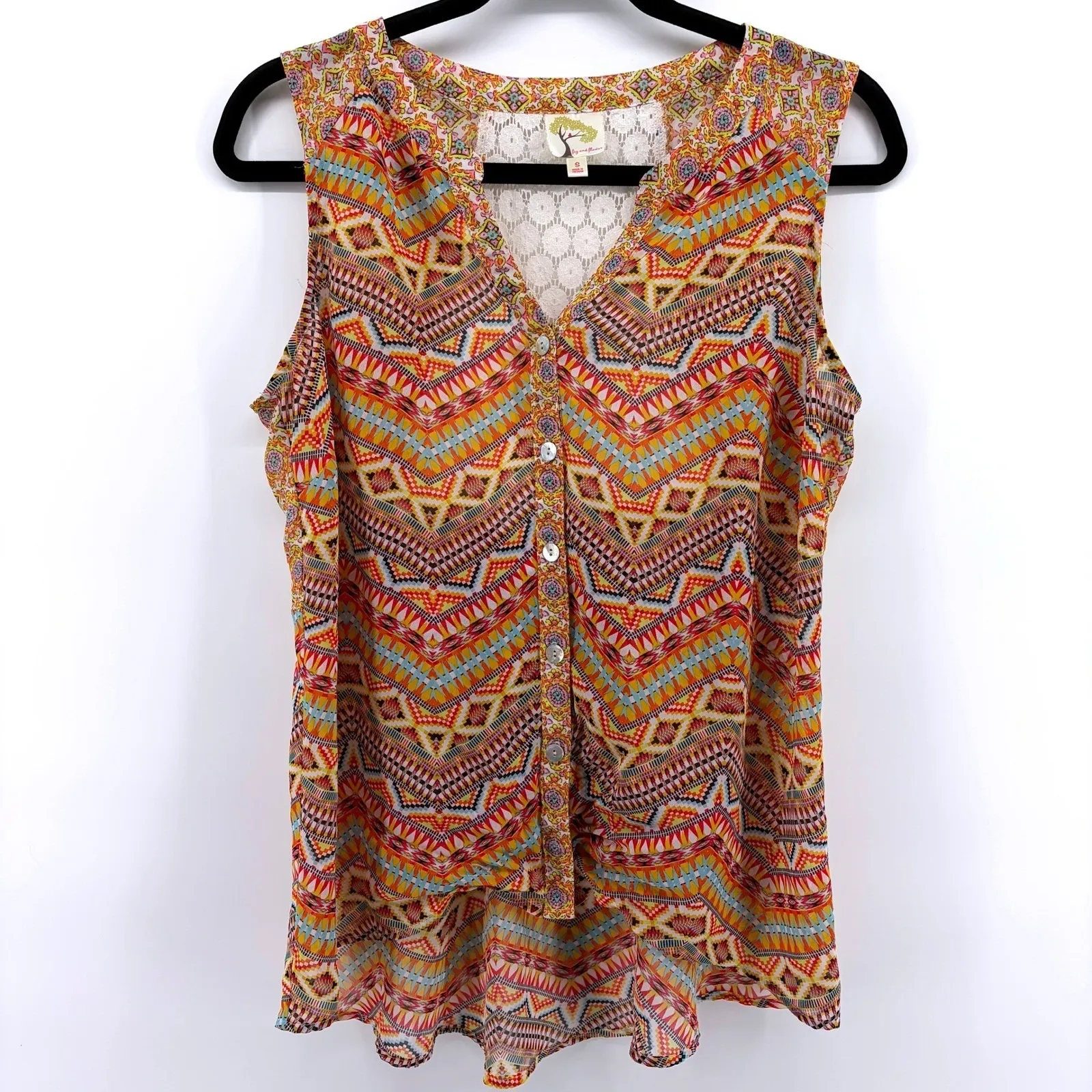 Anthropologie Fig & Flower Geometric Print Lace Back Sleeveless Button Top Small Orange - Image 2