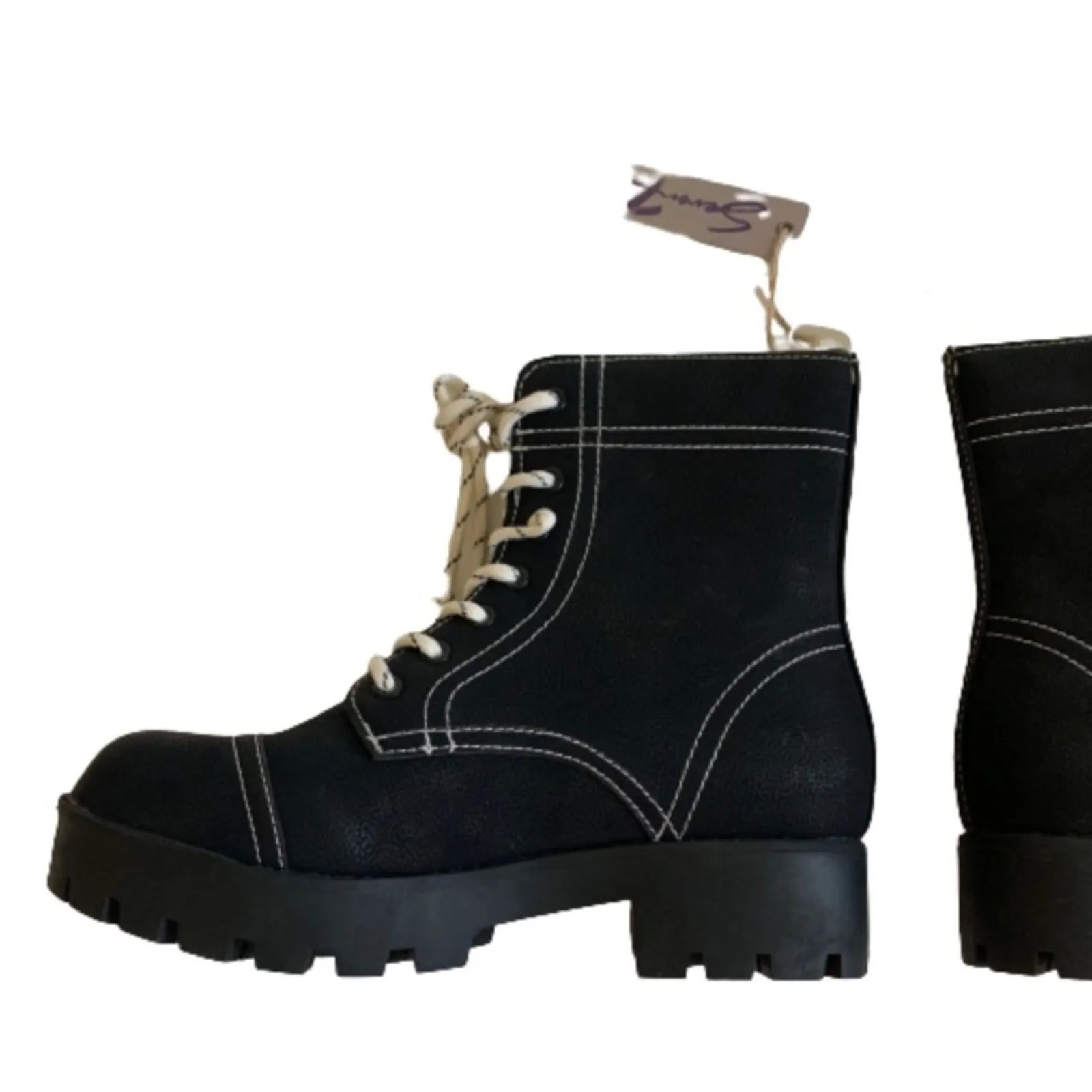 Seven7 Combat Boots Jodi Black Faux Leather Lace Up Contrast Stitching Size 10 - Image 6