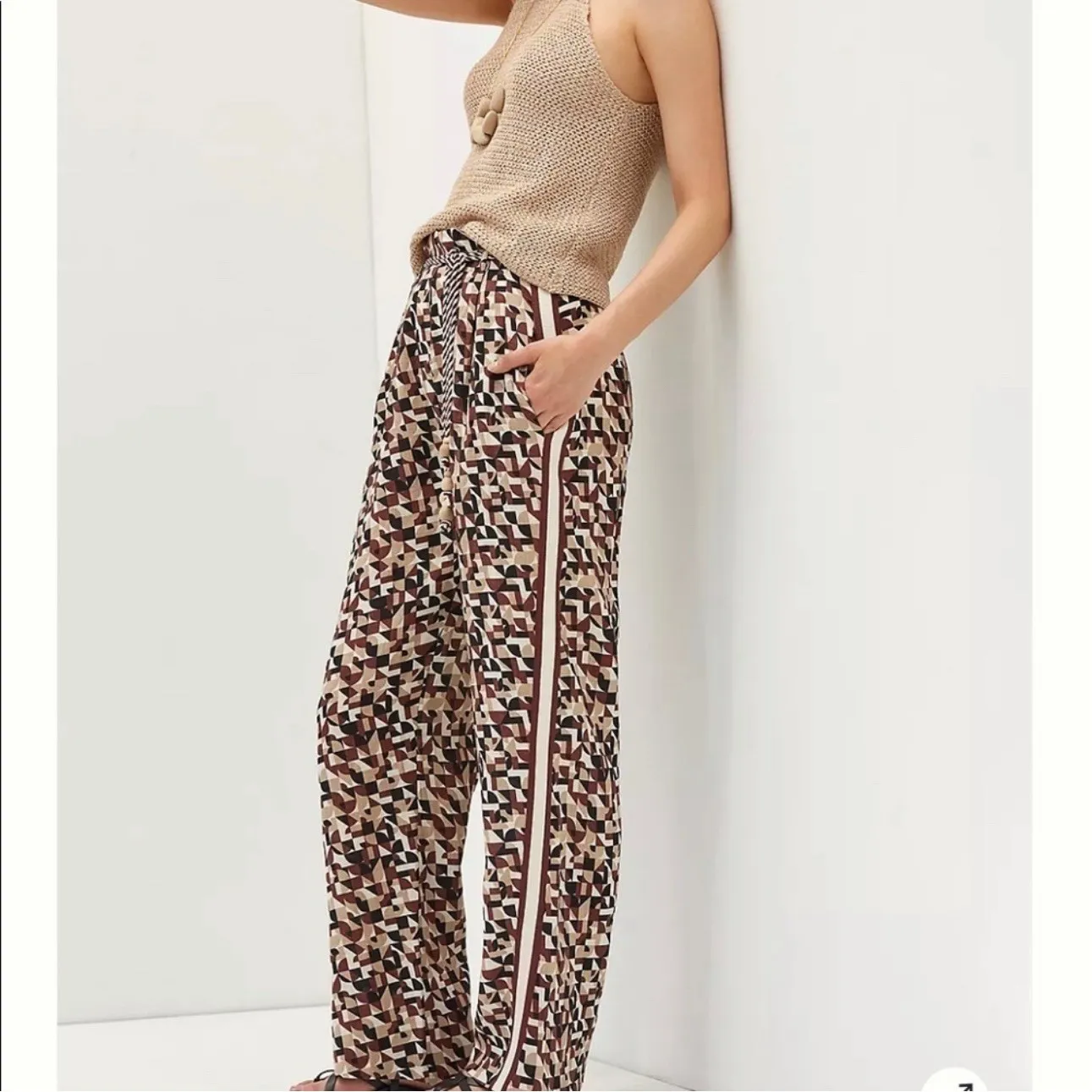 Anthropologie‎ Exquise Linen Geometric Tassel Tie Straight Trouser Pants Sz S - Image 2