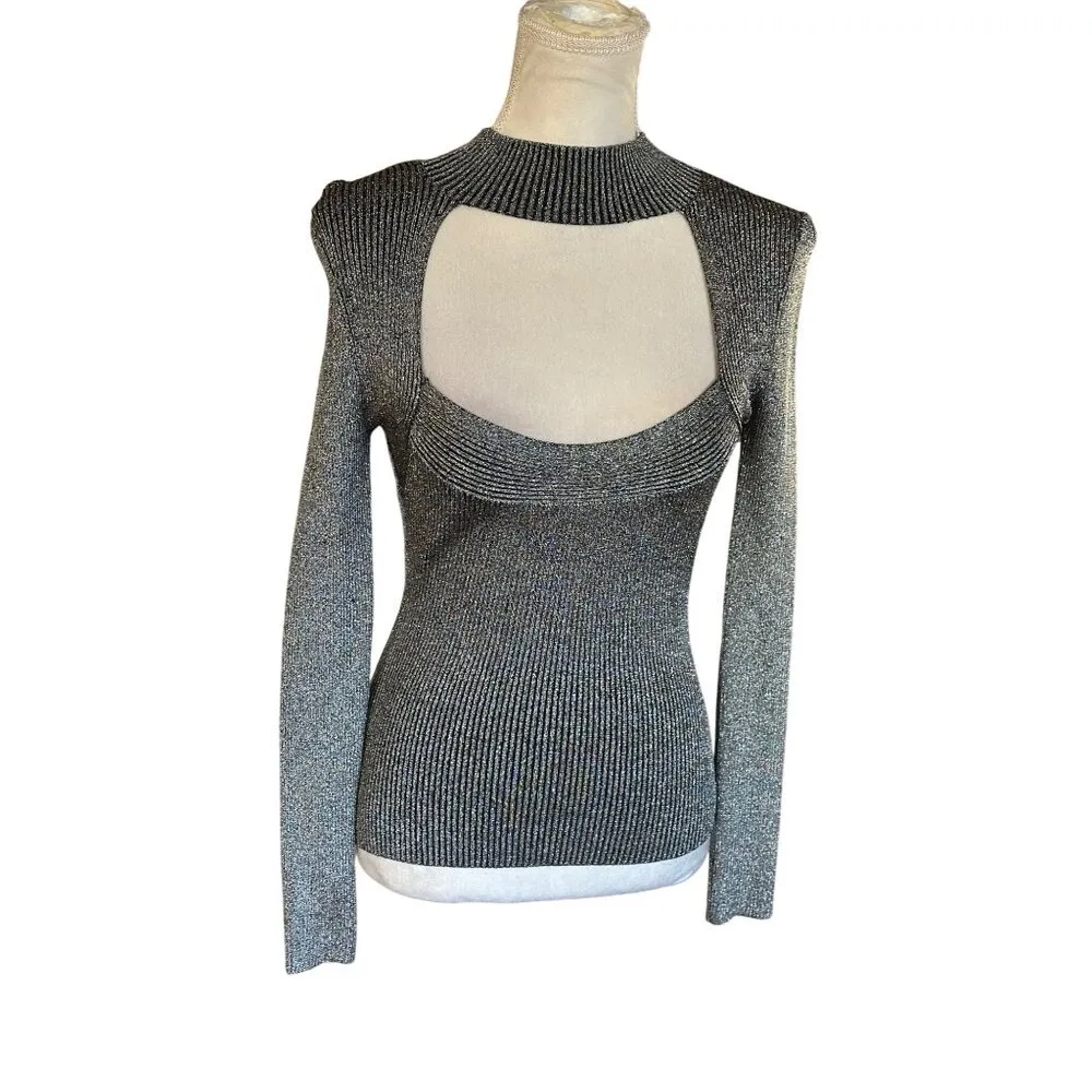 Metallic Silver Top Mock Neck Cut Out Ribbed Knit Long Sleeve Camille La Vie  M - Image 9
