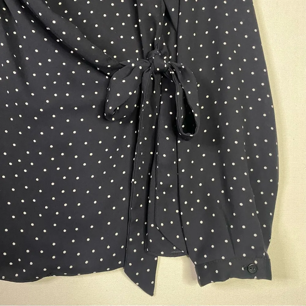 Adrianna Pappell polka dot navy blue wrap blouse SMALL lightweight long sleeve - Image 9