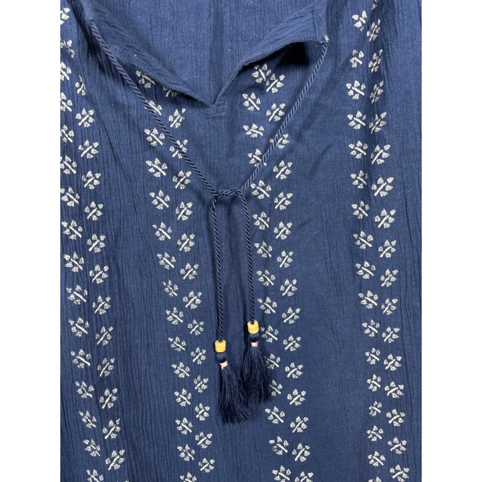 J Jill Dress M Blue Embroidered Tassel Neck Boho Tunic Peasant‎ Floral Size M - Image 4