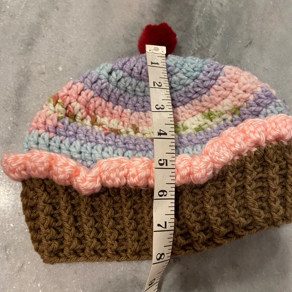 Handmade Crochet Rainbow Strawberry Cupcake Beanie Winter Hat Cozy Comfy Warm - Image 4