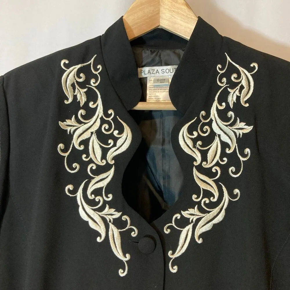 Vintage Plaza South Black Ruffle Embroidered Two Piece Blazer Skirt Set Suit Size 10 - Image 2