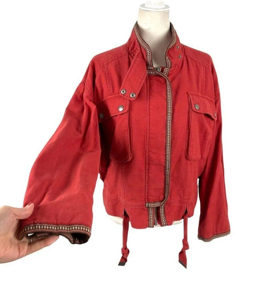 Free People Flight Line Oversized Military Red Bomber Jacket Size XS Embroidered - Image 4