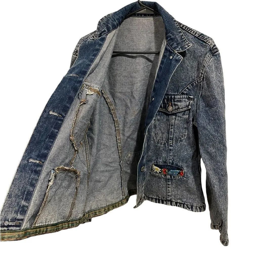 Acid Wash Hippie Eclectic Embroidered Floral Long Sleeve Lux Denim Jean Jacket Size L - Image 11