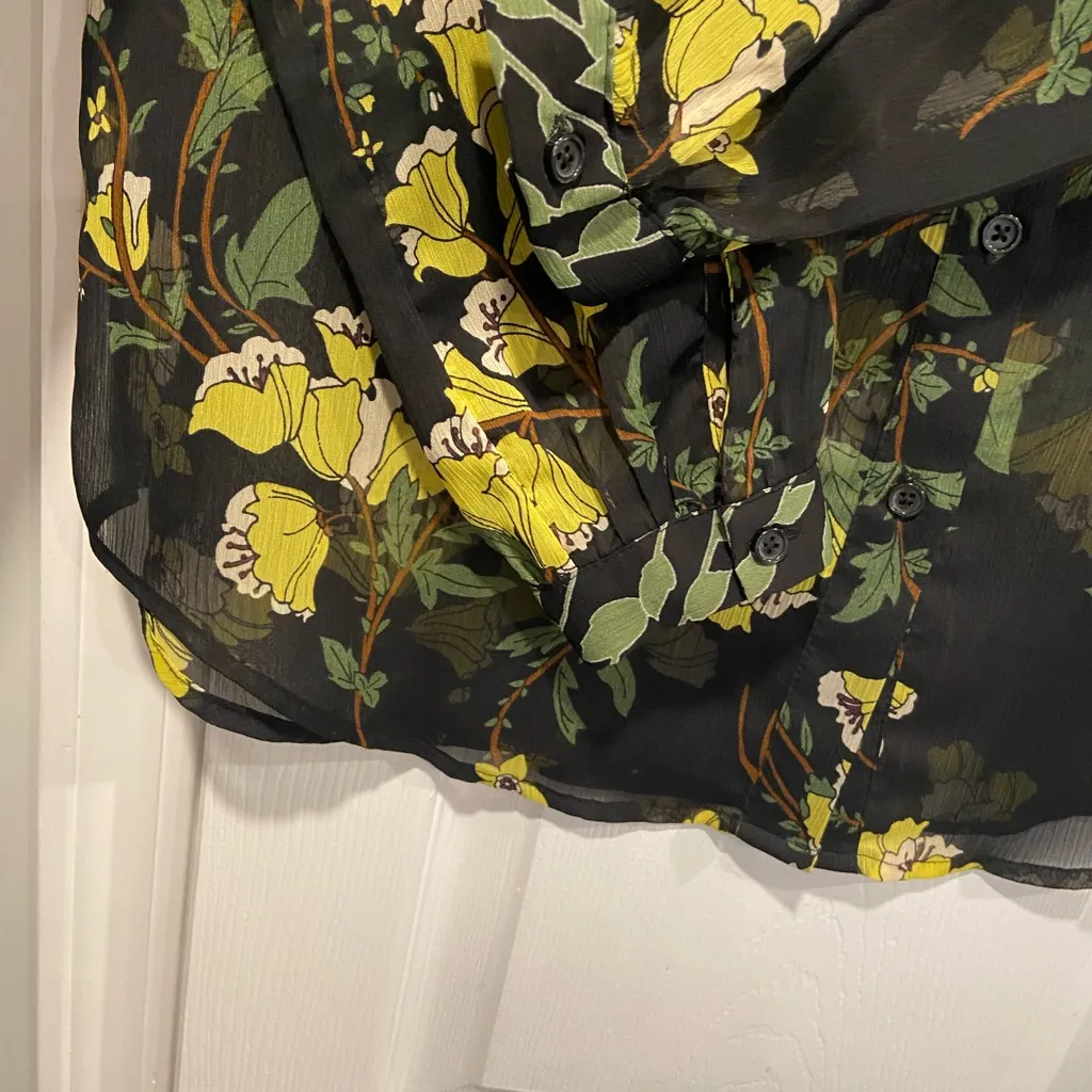 Who What Wear Size M Black Floral Sheer Bow Tie ruffle Collar Long Sleeve Top - Image 6