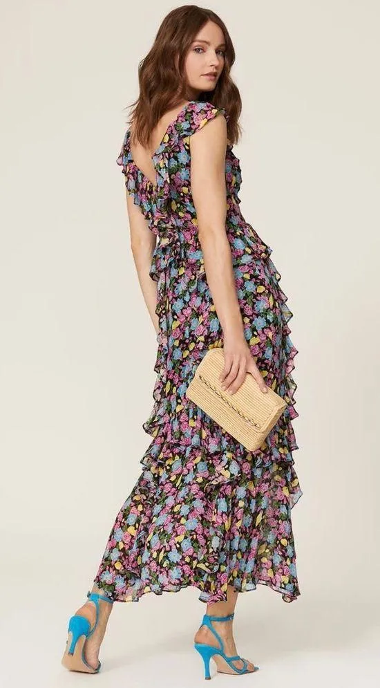 AMUR Evita Silk Multicolor Floral Print Chiffon Ruffled V-Neck Maxi Dress Sz 14 - Image 2