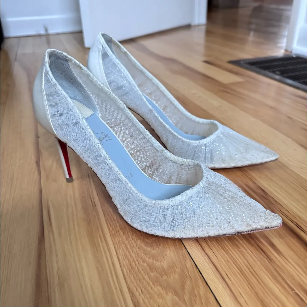 Christian Louboutin Kate Draperia 85 White Glitter Tulle Bridal Low Heel Pump 38 - Image 15