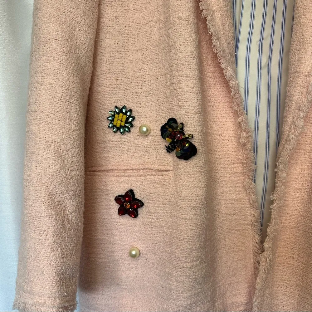 New NWT ZARA Woman PINK Boucle JACKET BLAZER Rhinestones Pearls Floral Whimsical - Image 4