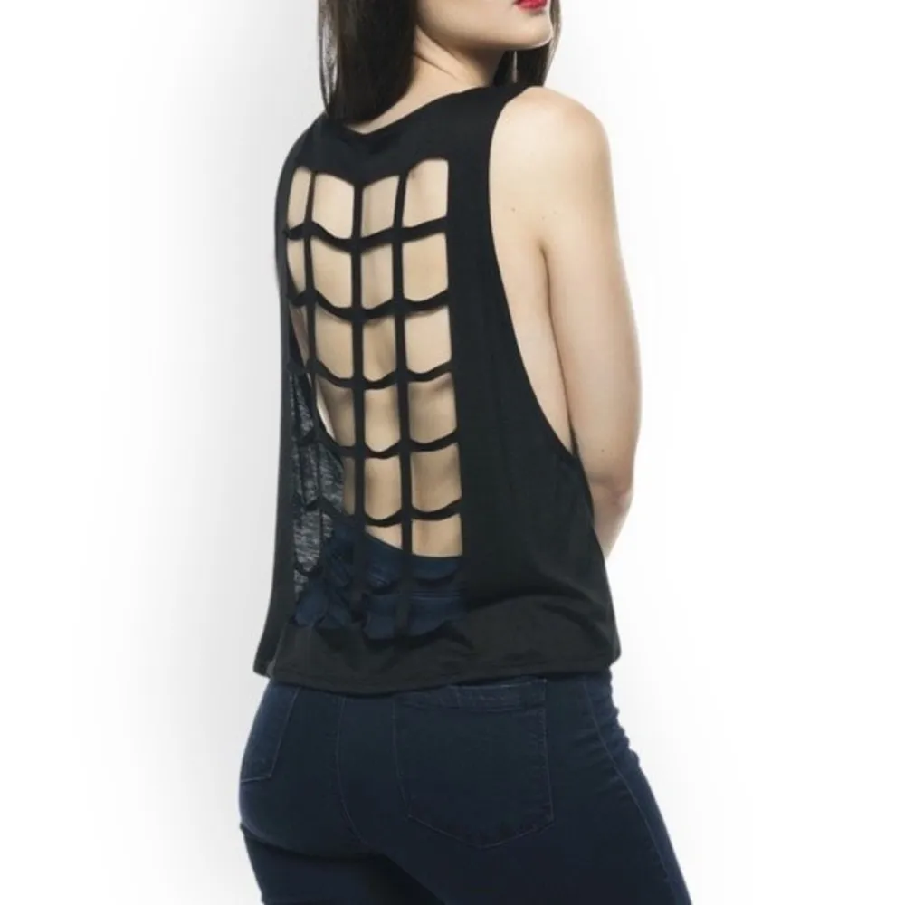 Normal Is Boring Black Sleeveless Cut Out Cropped Tank Top - Image 52