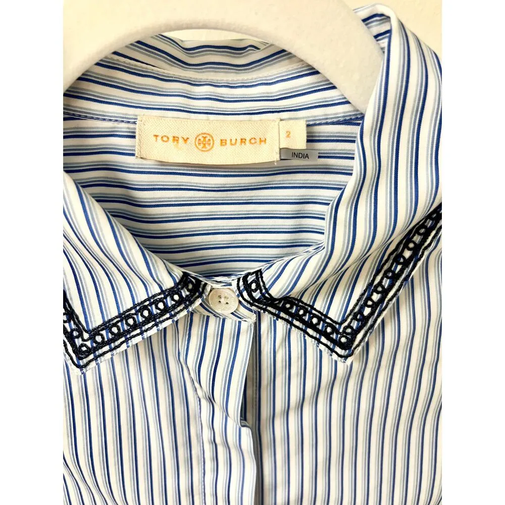 Tory Burch Pinstripe Embroidered Bell Sleeve Button Up Shirt Blue/White Size 2 - Image 3