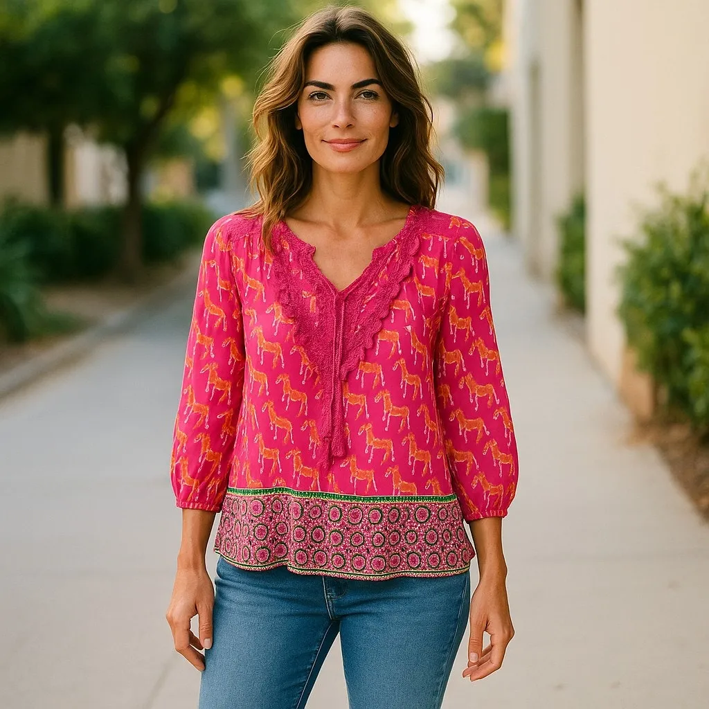 Crown & Ivy Pink Orange Green Elephant Print Top‎ Fringe Ties Preppy L - Image 2