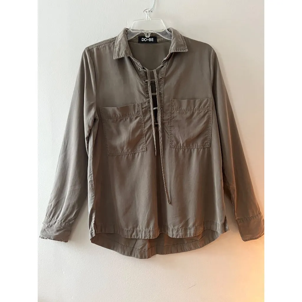 Do+Be Sz S - M Tencel Brown Long Sleeve Lace Up Cord Closure Chest Blouse Shirt - Image 9