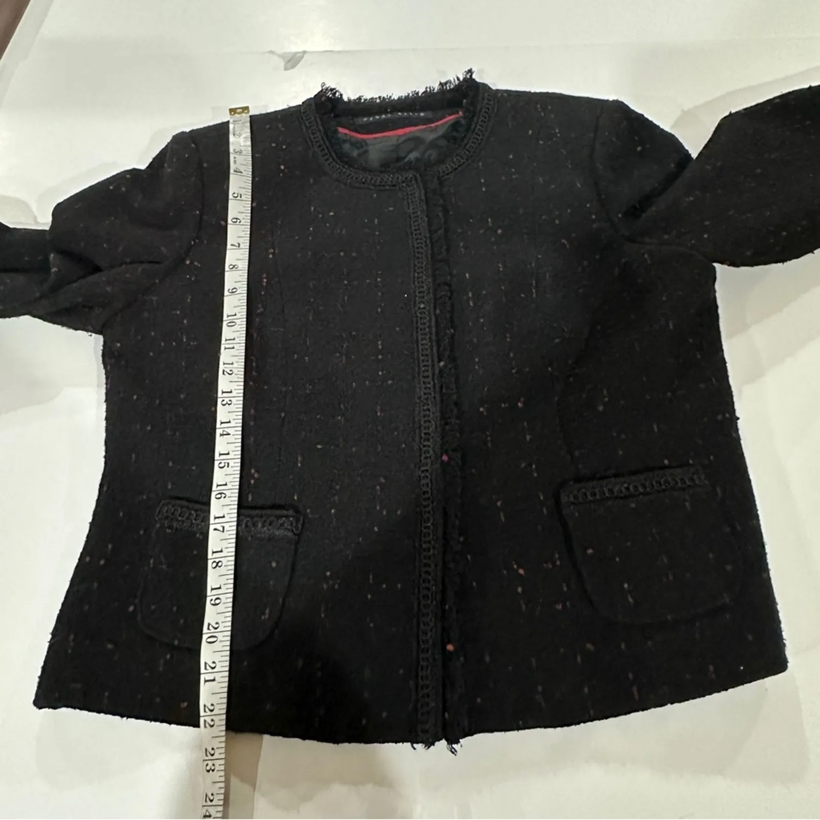 Perry Ellis Wool Blend Black & Pink‎ Fringe Long Sleeve Blazer Size 14 - Image 13