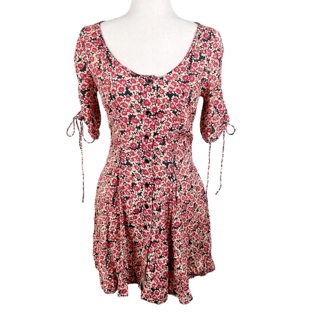 Free People Laced Up Mini Dress Black Red Ditsy Floral Print Women's Size Small - Image 4