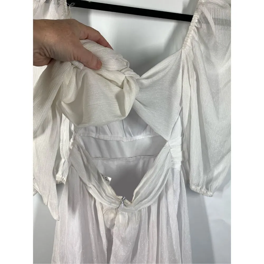 Lucy in the Sky Women's Shimmer Puff Sleeve Tie Back Mini Dress White Medium - Image 5