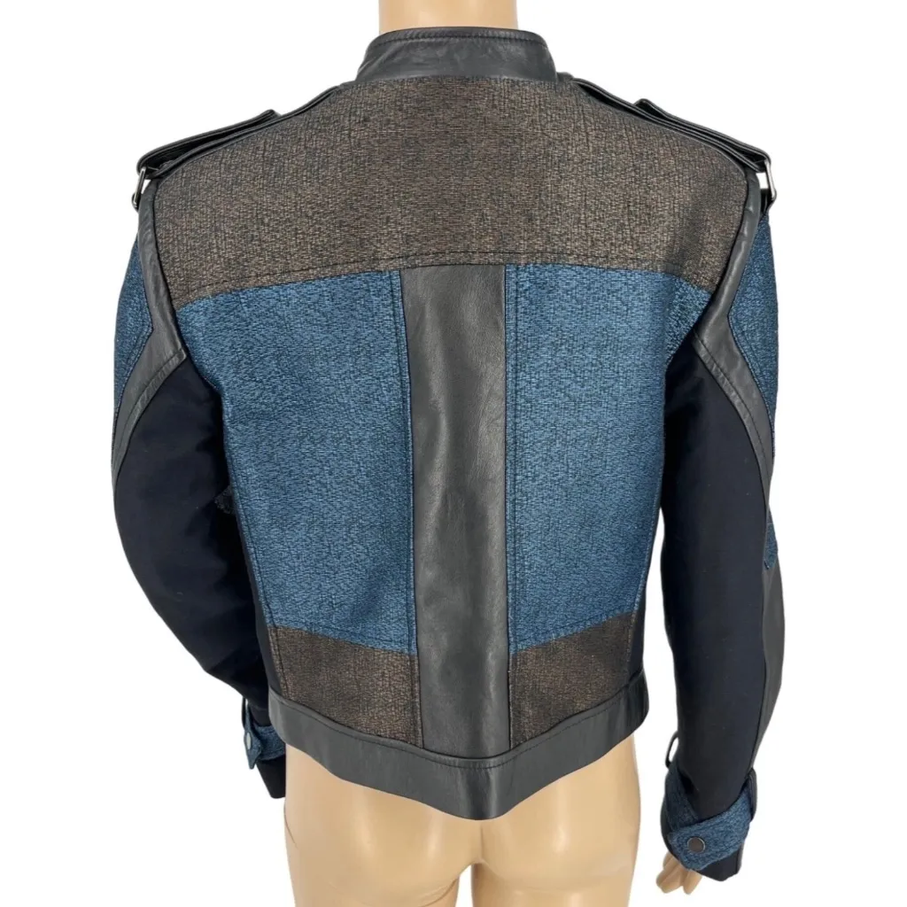 BCBG Max Azria Patchwork Color Block Leather Moto Jacket Black Blue Womens XS - Image 2