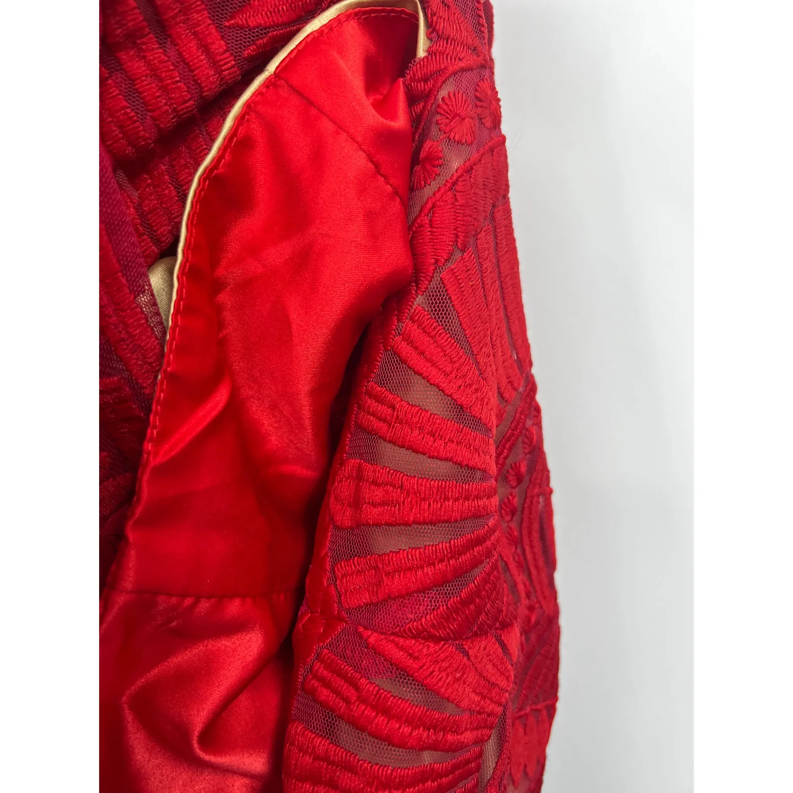 Bardot Embroidered Lace Mesh Lipstick Red Sleeveless‎ V-Neck Cocktail Dress 6 - Image 5