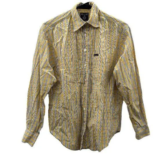 Faconnable Yellow, White & Blue Striped Plaid Long Sleeve Button Down Shirt Sz S - Image 1