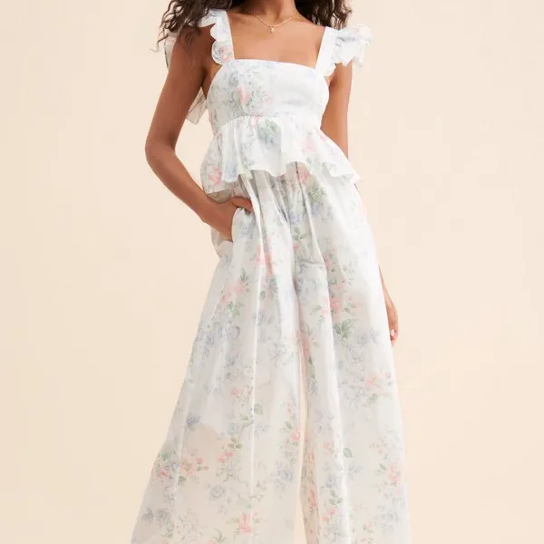 Selkie The Weekender Free People Floral Ruffle Jumpsuit Medium NEW White - Image 3