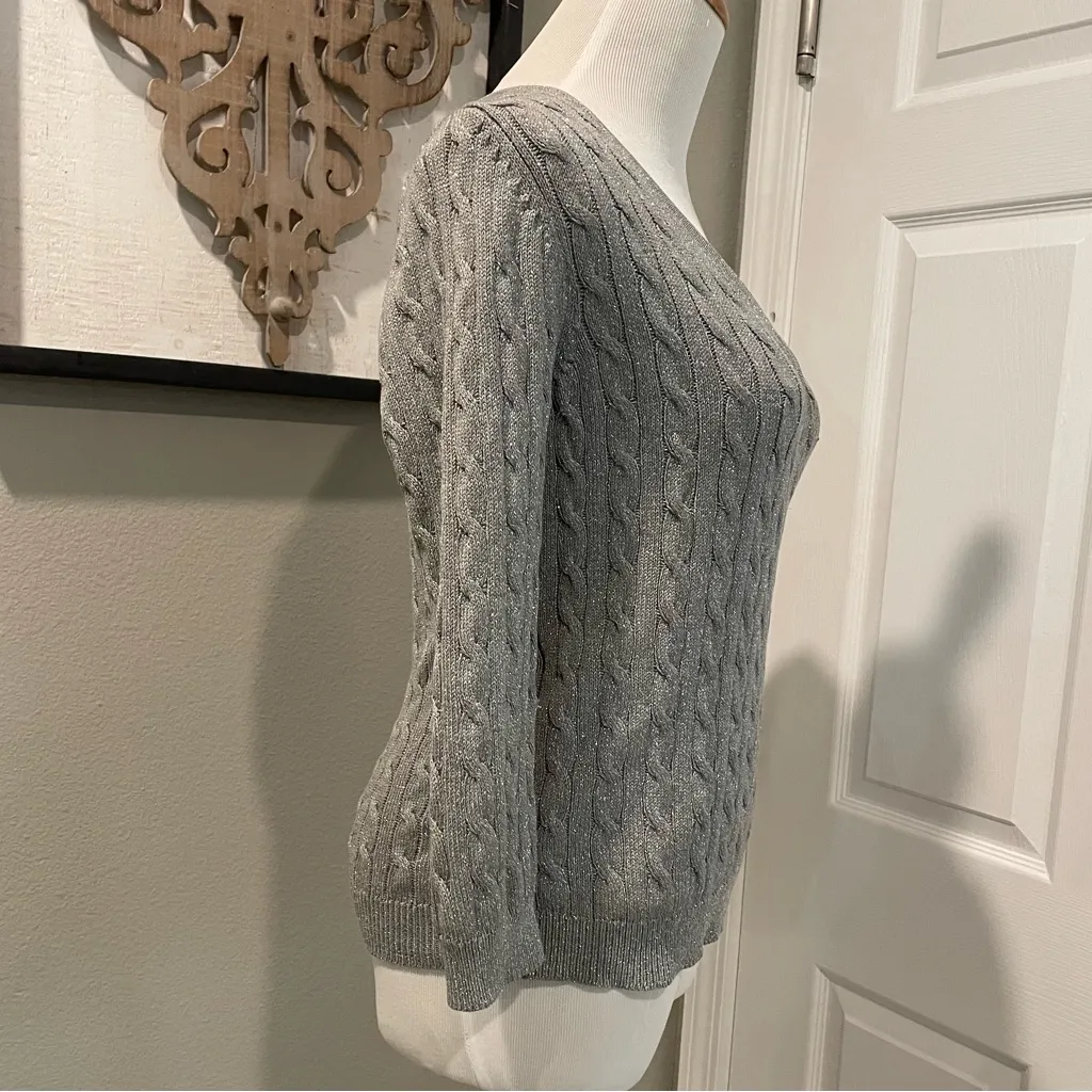 Ann Taylor Sweater Small Gray Silver Metallic Wrap Cable Knit 3/4 Stretch Silk - Image 2