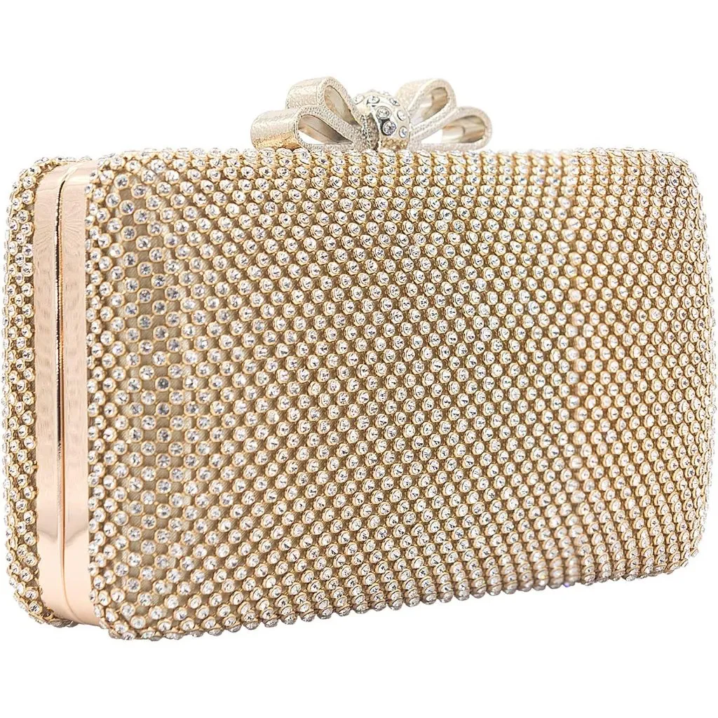 ⚡ Women's Gold Rhinestone Crystal Bow Clasp Metal Chain Evening Clutch Handbag - Image 2