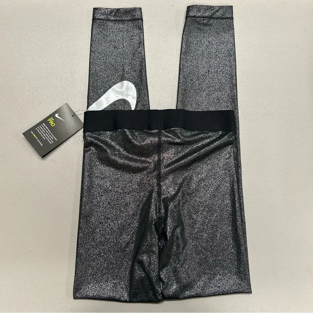 Nike Pro Leggings Training Pants Black Silver Shimmer Big Swoosh Logo NWT XS - Image 5