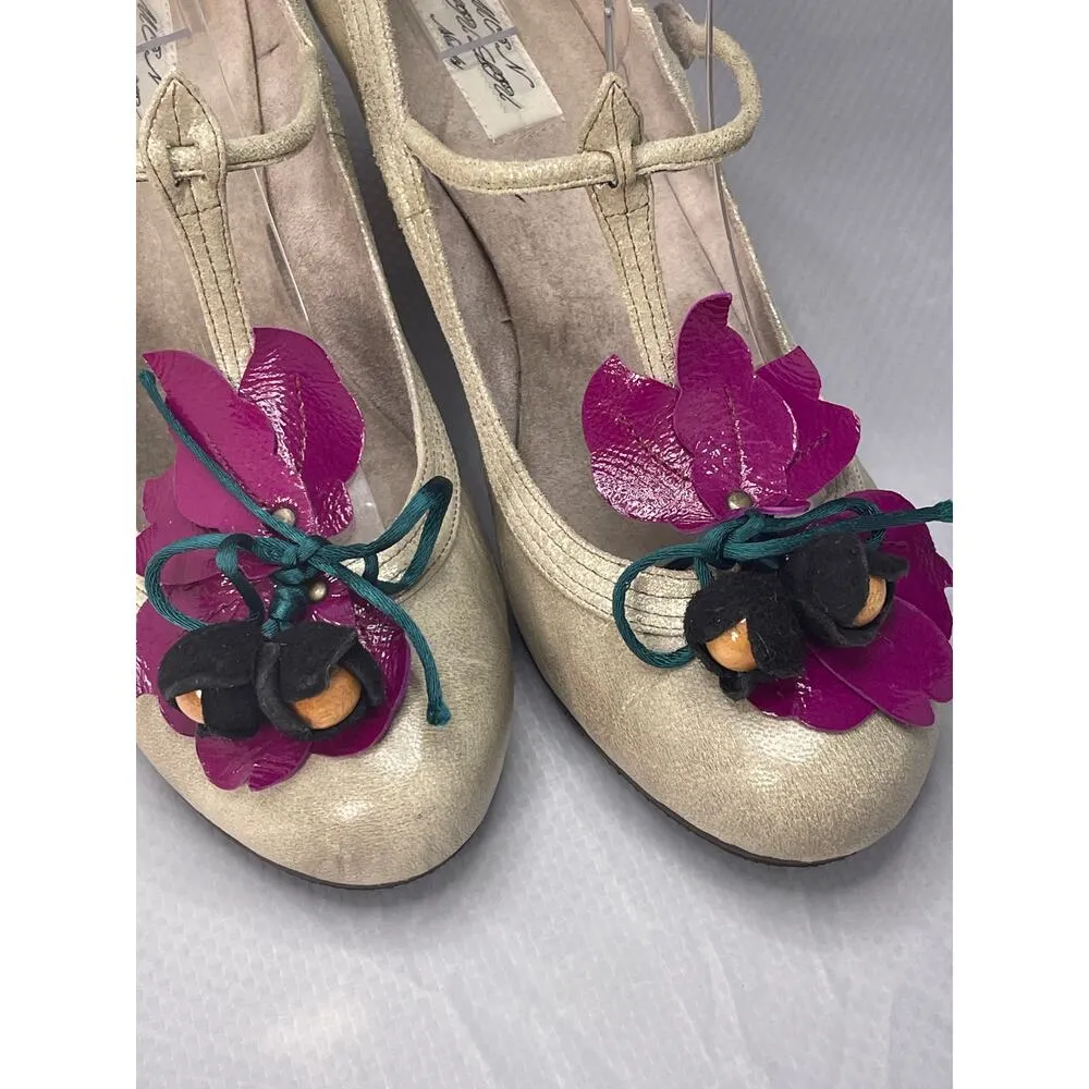 Mon LouLou Champagne Leather T Strap Heels Flower Detail - Image 2