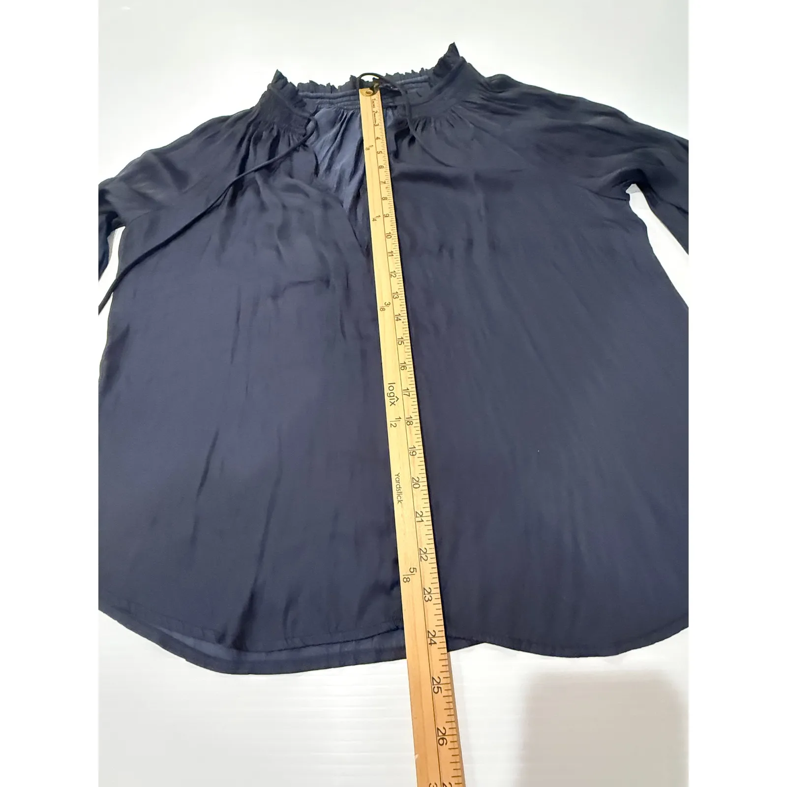 Lucky Brand Womens‎ Top Blouse Navy Blue Long Sleeve Tie Neck Smocked M - Image 4