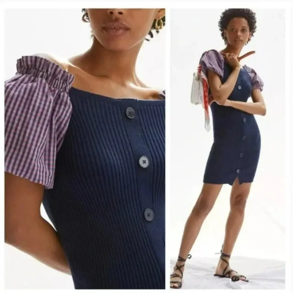 Anthropologie Maeve Puff-Sleeved Mini Navy Dress Knit Gingham Women's Size XS - Image 3