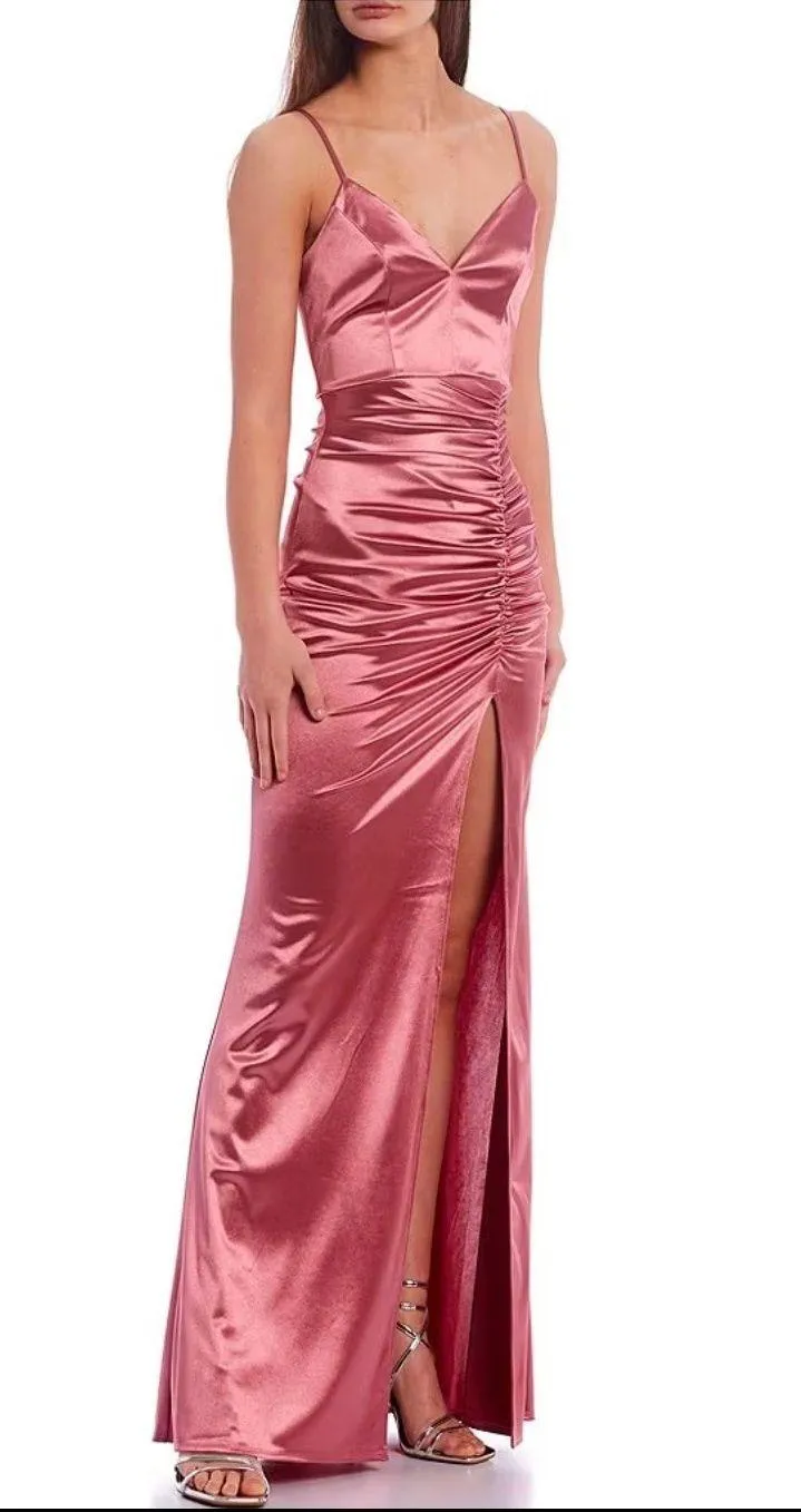 Spaghetti-Strap V-Neck Ruched Slit Silky Long Dress - Image 4